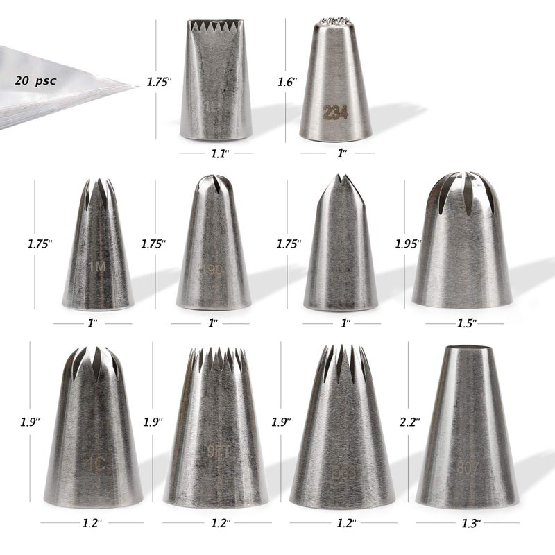 Kayaso Cake Decorating Icing Piping Tip Set  10 X-large Decorating Tips Stainless Steel Plus 20 Disposable Pastry Bags - Image 2
